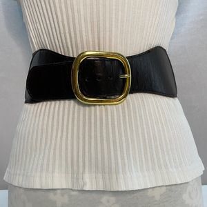 💎Womens Wide Cinch Belt Brown Faux Leather Ends Elastic Back